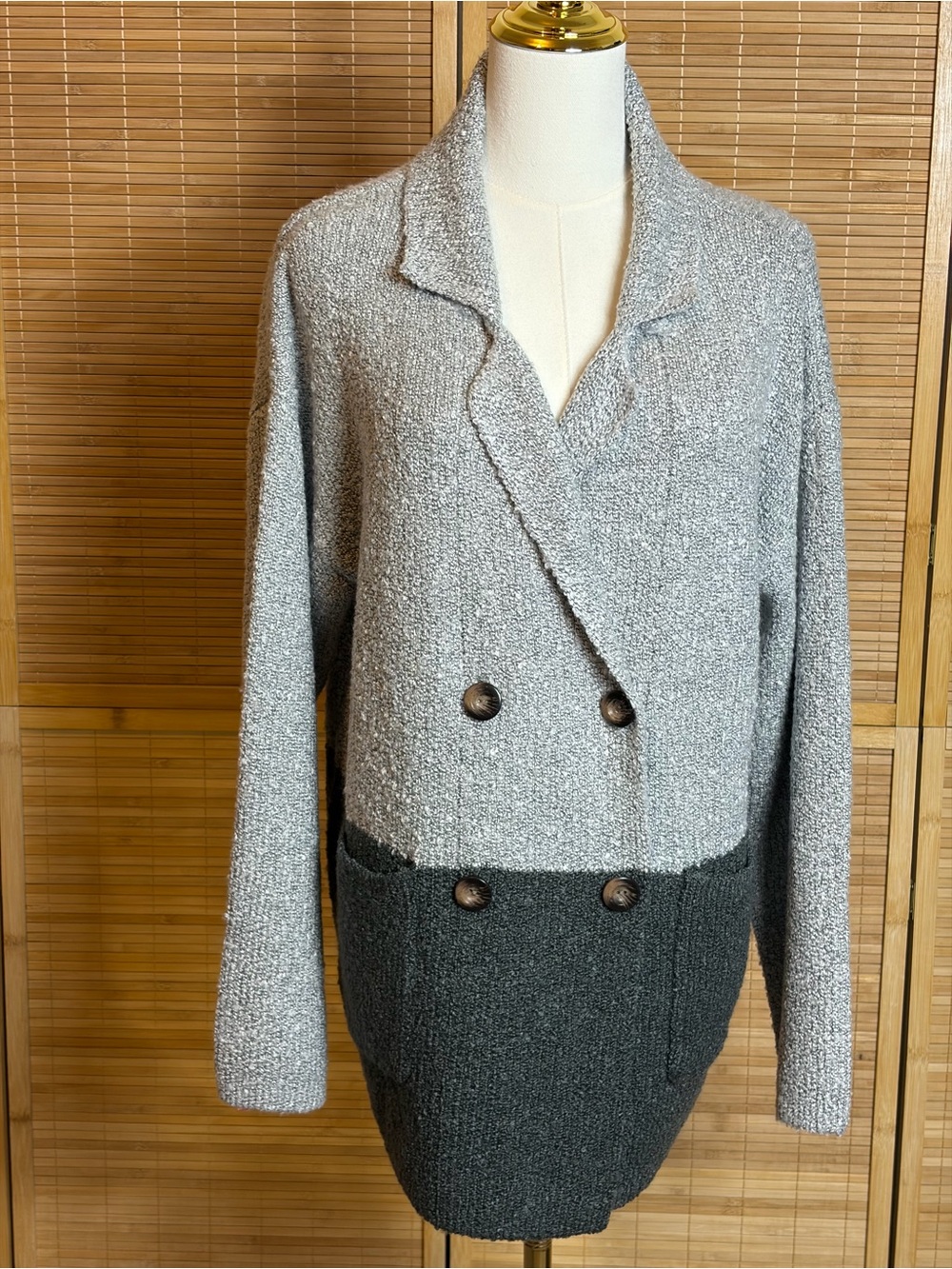Women’s M Double-Breasted Cardigan Button Front Color Block Gray Comfy Chic